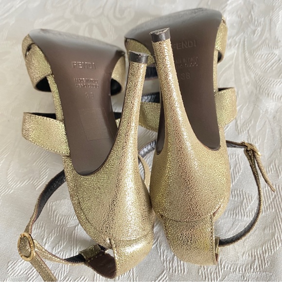 Fendi Gold Iridescent Leather Silver Studded Ankle Strap Sandals - Picture 8 of 9